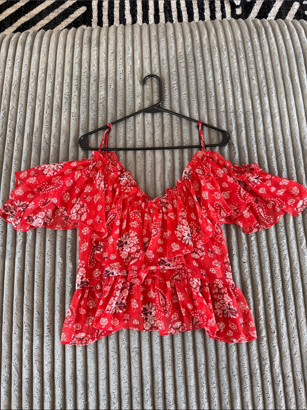 Misa Los Angeles Red Floral Off-Shoulder Ruffle Crop Top